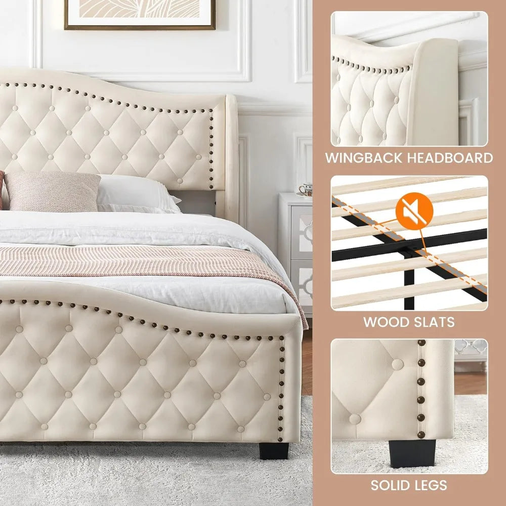 Bedroom furnitureKing size bed frame, padded platform bed with wingback high headboard, no springs, off-white
