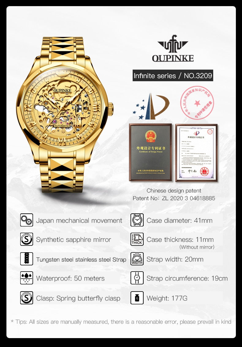 OUPINKE Japan Movement Automatic Watch for Men Tungsten Steel Skeleton Waterproof Sapphire Mirror Luxury Mechanical Men Watches